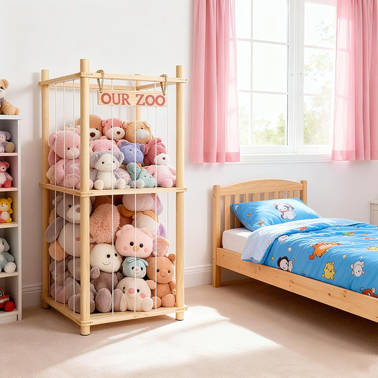 Stuffed Animal Storage | Tall Natural Pine Wood Plushie Zoo with Elastic Cords - Space-Saving Playhouse for Kids