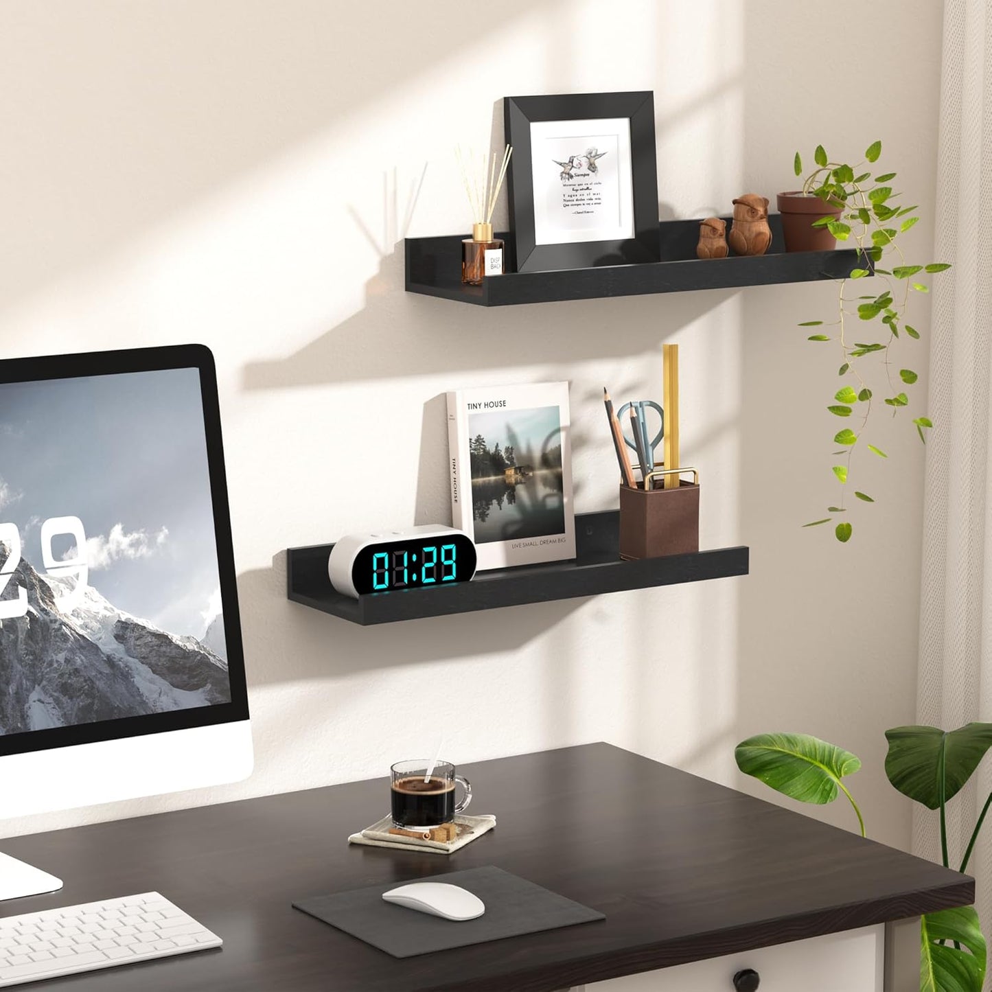 Upsimples Floating Wall Shelves - Set of 6 Stylish Wood Shelves for Home Decor | Black