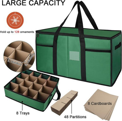 Christmas Ornament Storage Box - Zippered Container with Dividers & 8 Removable Trays, Holds 128 Balls | 600D Oxford Green