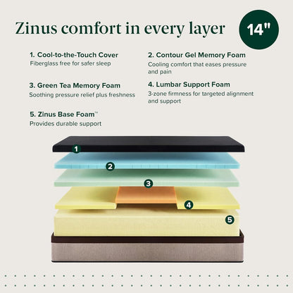 Zinus Lumbar+ 14-Inch Memory Foam Mattress - Premium Lumbar Support & Cooling Gel | Queen Size