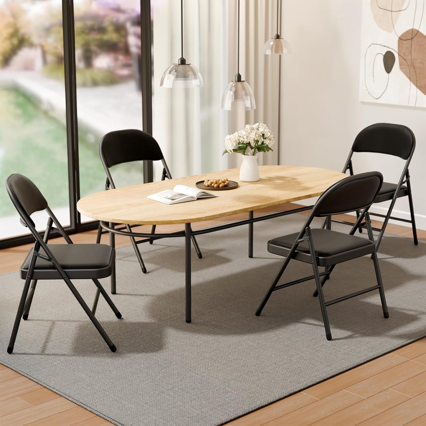 Black Folding Chairs - Heavy-Duty Steel Frame, 350LBS Capacity | 6-Pack for Indoor/Outdoor Events