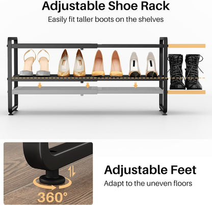 SNTD Shoe Rack - Expandable Adjustable Metal Shoe Organizer | Stackable 2-Tier Storage for Entryway & Garage (Black)