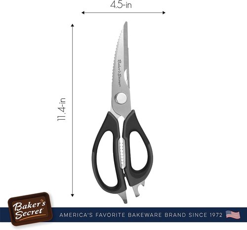 Baker's Secret Kitchen Scissors - 8.5" Stainless Steel with Nut Cracker & Bottle Opener | Black Handle