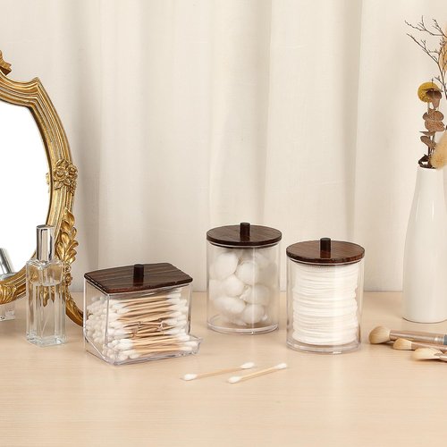 Hipiwe Acrylic Cotton Ball Holder - Clear Qtip Canister with Lid | Bathroom Makeup Organizer - 3 Pack
