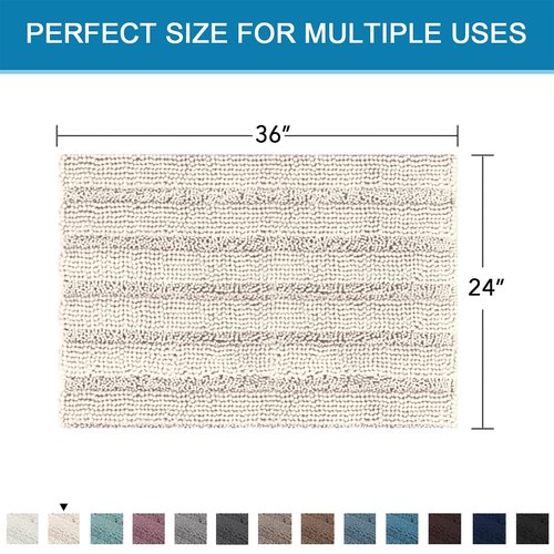 H.VERSAILTEX Bath Mats for Bathroom Non Slip Extra Thick Chenille Striped Bath Rug 24" x 36" Absorbent Non Skid Fluffy Soft Shaggy Rugs Washable Dry Fast Plush Mats for Indoor, Bath Room, Tub - Ivory