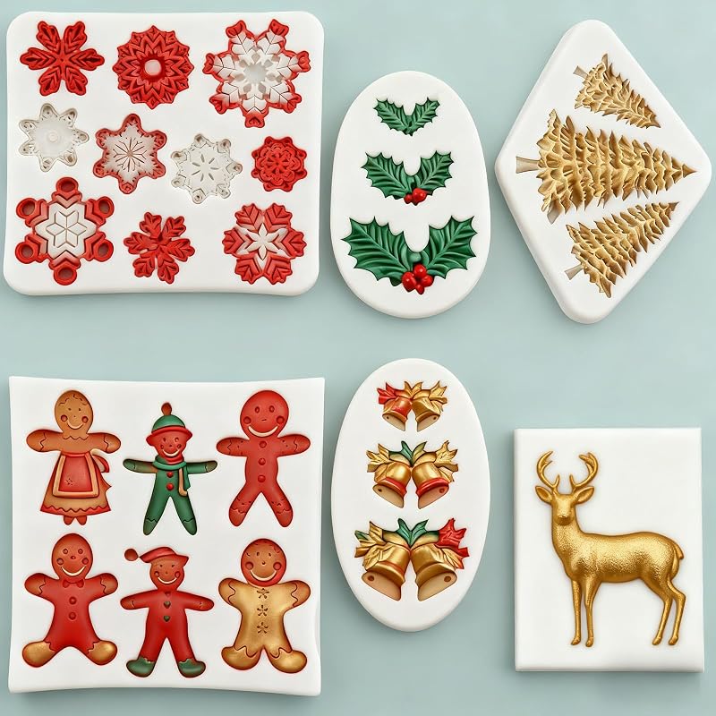 6Pcs Christmas Silicone Molds Set - Snowflake, Snowman, Santa, Reindeer, Tree, Holly (White) - Candy & Cake Decorating