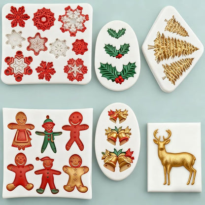 6Pcs Christmas Silicone Molds Set - Snowflake, Snowman, Santa, Reindeer, Tree, Holly (White) - Candy & Cake Decorating