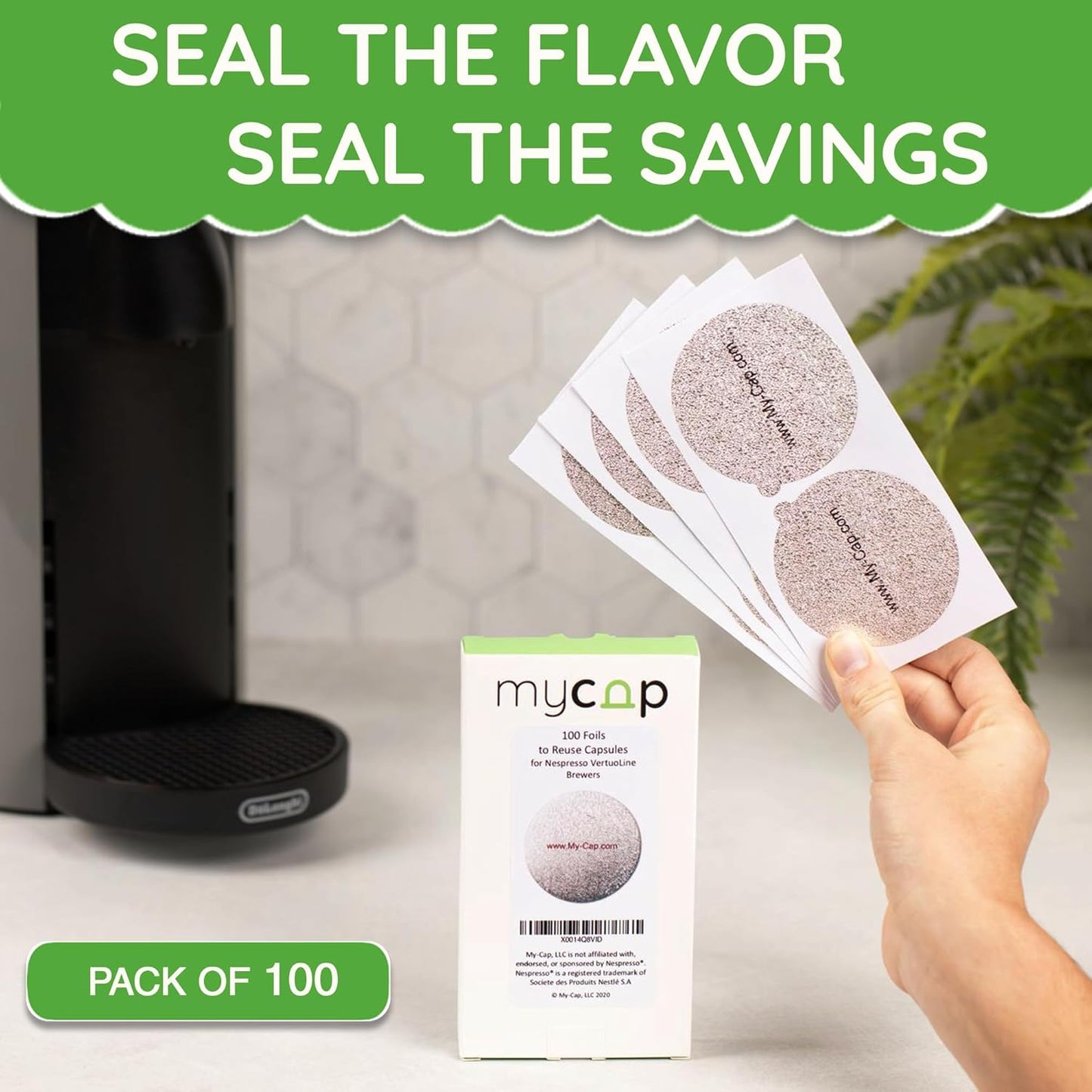 My-Cap Foil Seals for Nespresso Vertuo Pods - Reusable Aluminum Lids to Extend Capsule Life | Pack of 100