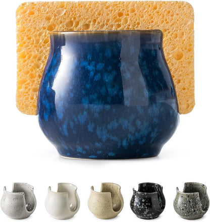 Skiennix Ceramic Sponge Holder - Kitchen Sink Organizer for Scrubbers | Blue Dish Rack
