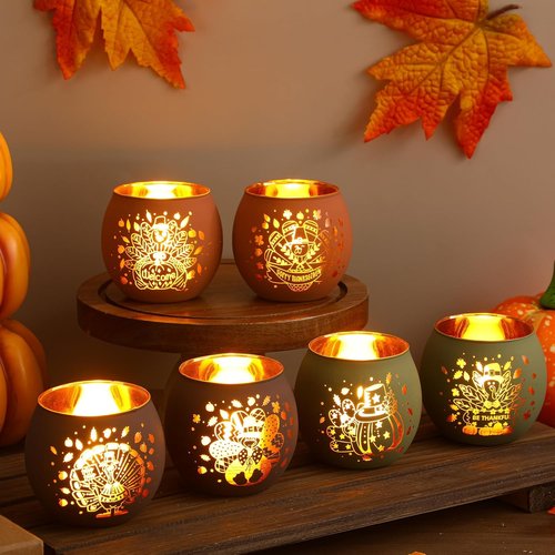 Jingmore Thanksgiving Votive Candle Holders - Set of 6 Flameless Turkey Tea Lights for Fall Decor