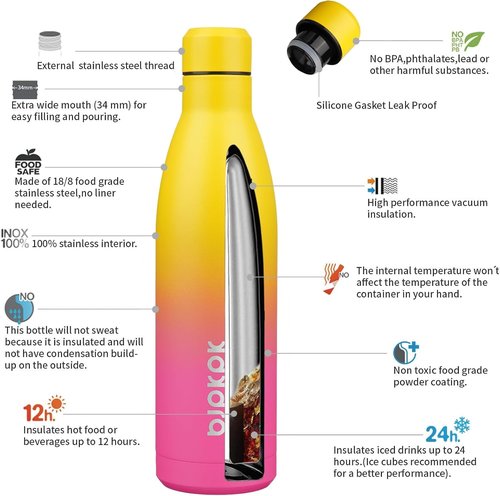 BJPKPK 25oz Insulated Water Bottle - Double Wall Vacuum Stainless Steel | Keeps Drinks Hot & Cold, Rainbow
