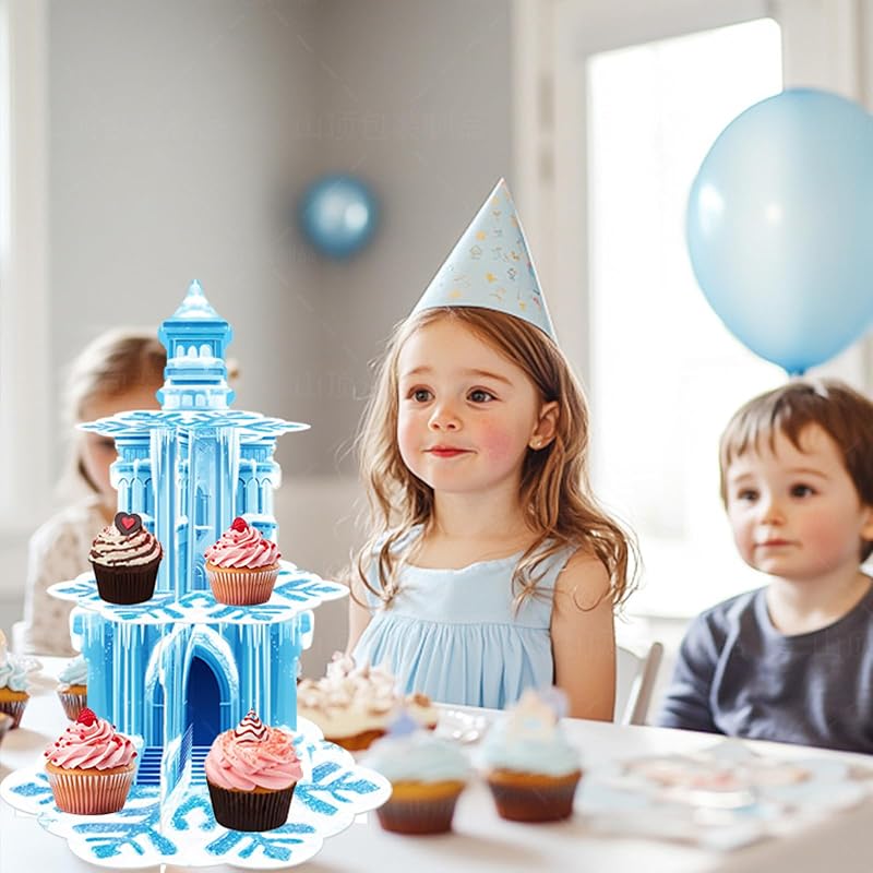 Frozen Birthday Cupcake Stand 3-Tier with Ice Castle & Snowflakes - Blue Snowflake Variation