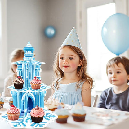 Frozen Birthday Cupcake Stand 3-Tier with Ice Castle & Snowflakes - Blue Snowflake Variation