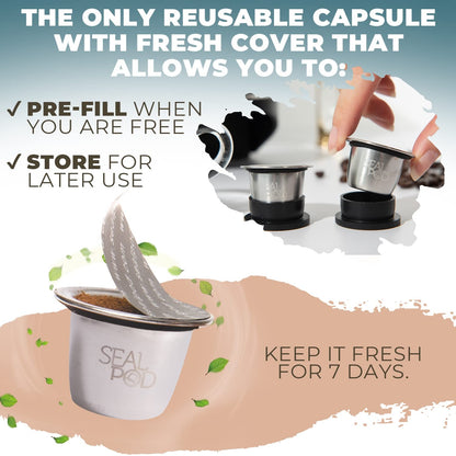 SEAL POD Refillable Coffee Capsules – Stainless Steel Reusable Capsules Compatible with Nespresso Line Coffee Machines- Eco-Friendly Refillable Pods – Pack of 1 Coffee Pod, 100 Lids