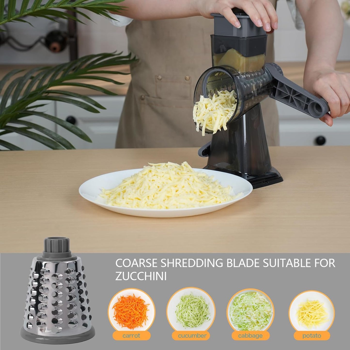 Rotary Cheese Grater by [Brand Name] - Versatile Non-Slip Suction Base | Compact Kitchen Tool for Cheese, Carrots & More (Gray)