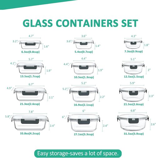 KOMUEE Glass Food Storage Containers Set - 24 Stackable Airtight Meal Prep Containers | Microwave & Oven Safe, Gray