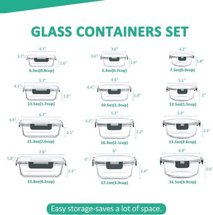 KOMUEE Glass Food Storage Containers Set - 24 Stackable Airtight Meal Prep Containers | Microwave & Oven Safe, Gray