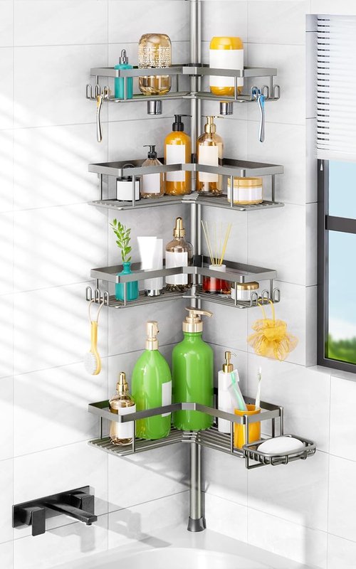 HAMITOR Shower Caddy Tension Pole - 4-Tier Rustproof Bathroom Organizer with Soap Holder | Adjustable 47-123 Inch for Small Spaces