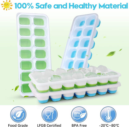 Skiennix Silicone Ice Cube Tray - 8 Pack Easy-Release & Flexible Design | Stackable with Spill-Resistant Lid (4 Blue + 4 Green)