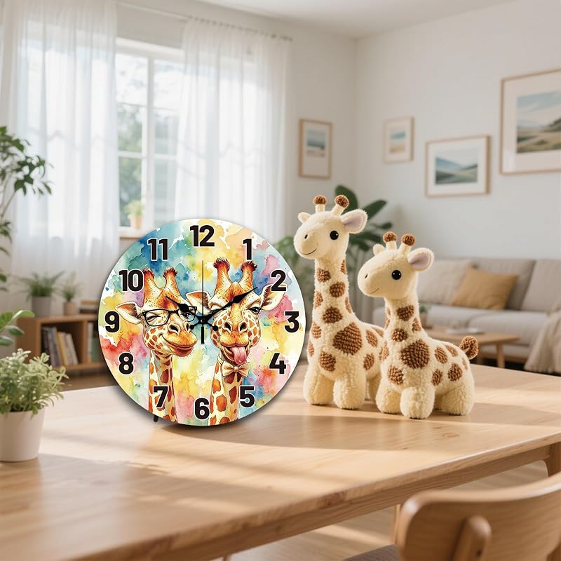12 Inch Watercolor Giraffe Pattern Wall Clock | Silent Non-Ticking Decor