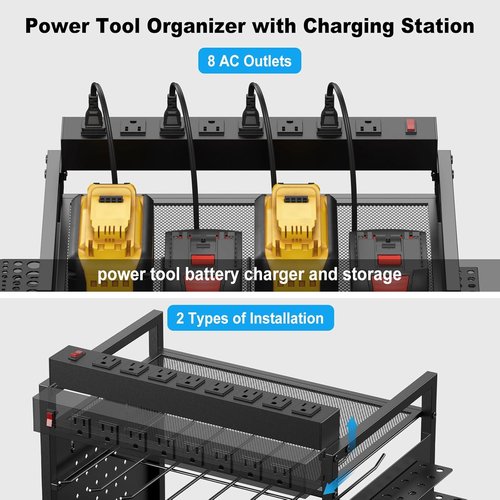 JUNNUJ Power Tool Organizer - Adjustable Floor Stand with Charging Station & 8 Outlet Power Strip | Heavy-Duty Black Utility Shelf