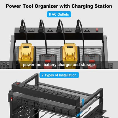 JUNNUJ Power Tool Organizer - Adjustable Floor Stand with Charging Station & 8 Outlet Power Strip | Heavy-Duty Black Utility Shelf