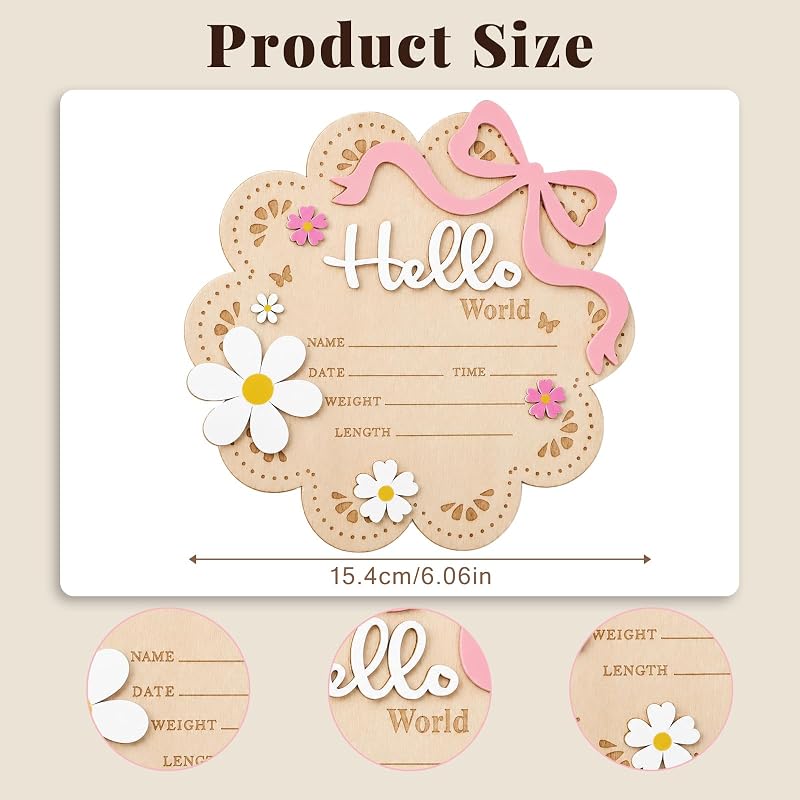 Wooden World Newborn Sign with Pink Bow – 6 Inch Baby Announcement Cloud Plaque
