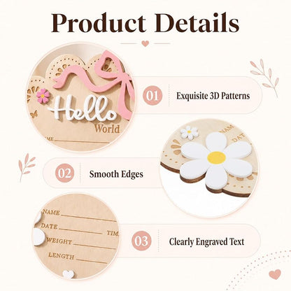 Wooden World Newborn Sign with Pink Bow – 6 Inch Baby Announcement Cloud Plaque