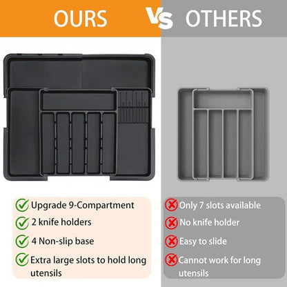 Homecor Silverware Organizer - Expandable Kitchen Drawer Utensil Tray with 2 Removable Knife Blocks | 22"x19" (Black)