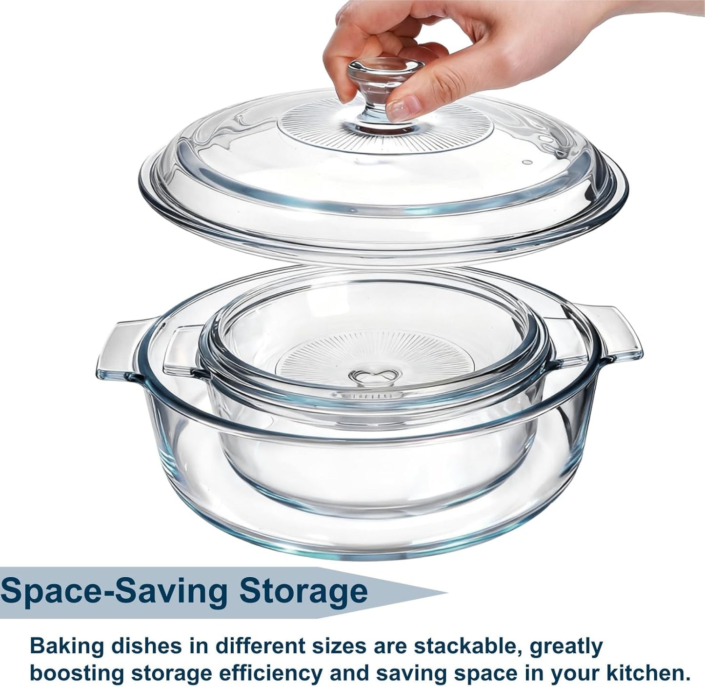 Skiennix Glass Casserole Dish Set - 2 Pack Round Baking Dishes with Lids | 1.8Qt & 0.8Qt, Dishwasher Safe