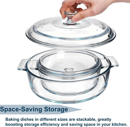 Skiennix Glass Casserole Dish Set - 2 Pack Round Baking Dishes with Lids | 1.8Qt & 0.8Qt, Dishwasher Safe