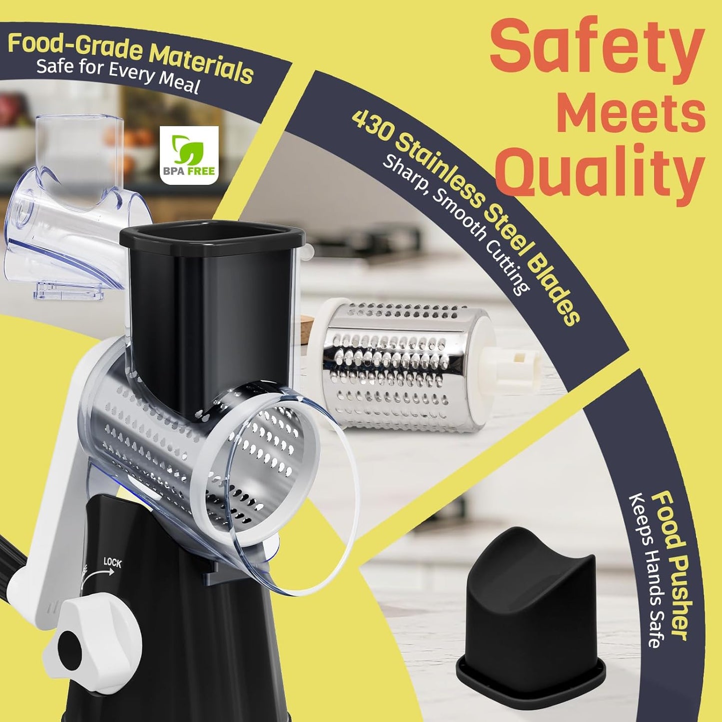 Rotary Cheese Grater - Hand Crank with 3 Interchangeable Blades | Strong Suction Base & No-Cut-Hands Design - Black