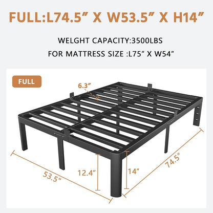 Skiennix Full Size Bed Frame - Heavy Duty 14-Inch Metal Design with No Box Spring Needed | Easy Assembly, Black