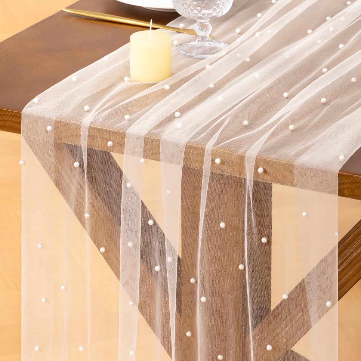 Socomi Pearl Table Runner - Elegant Tulle in Ivory White for Spring & Easter | 10FT Gauze Dining Decor