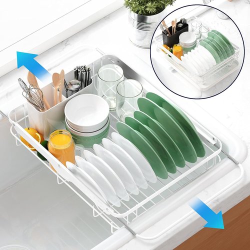 Kitsure Dish Drying Rack - Stainless Steel Kitchen Organizer with Cutlery Holder | 12.2''W x 15.7''~23''L, White
