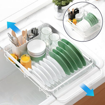 Kitsure Dish Drying Rack - Stainless Steel Kitchen Organizer with Cutlery Holder | 12.2''W x 15.7''~23''L, White