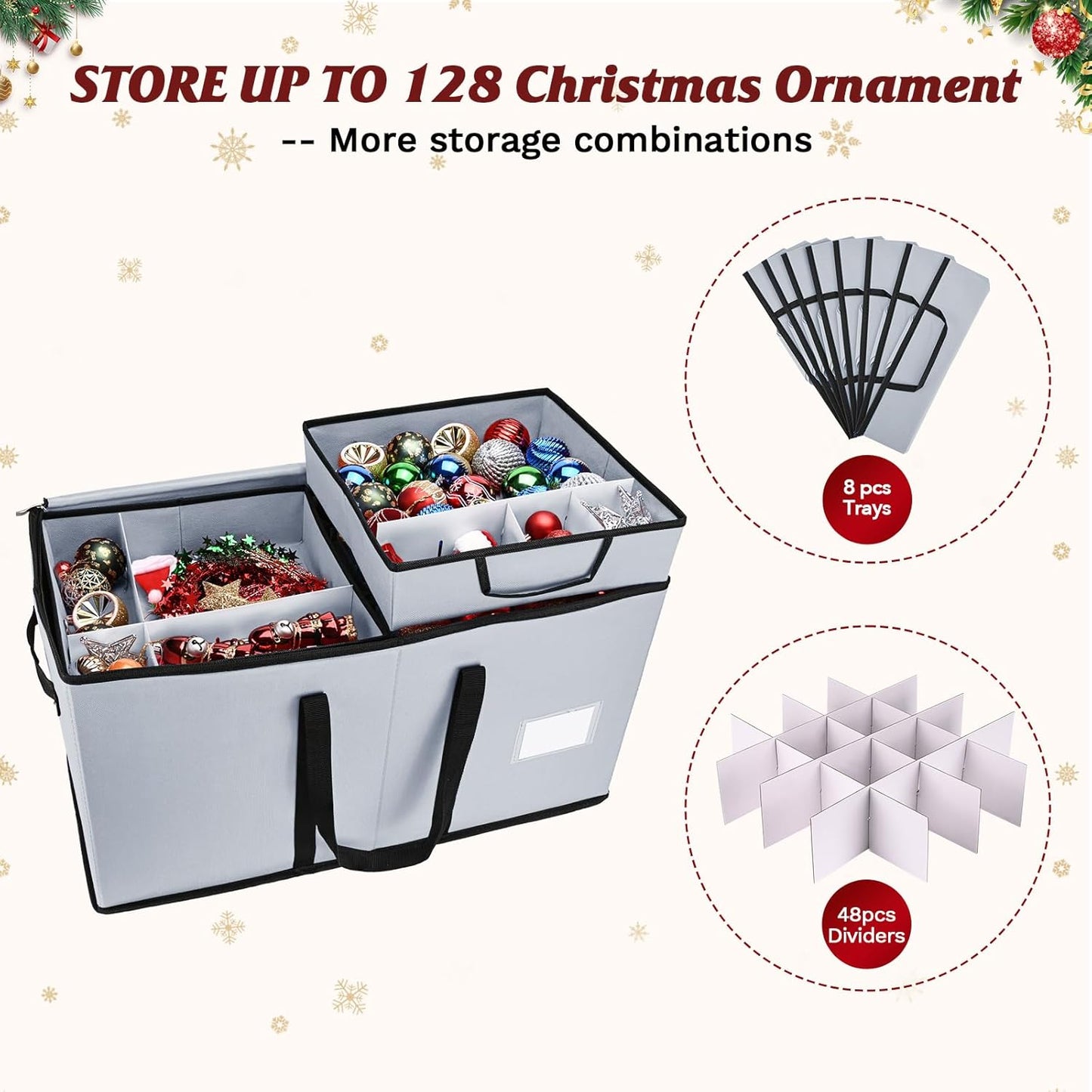 Skiennix Christmas Ornament Storage Box - Organize 128 Three-Inch Ornaments | Grey with 8 Removable Trays