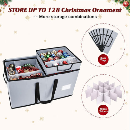 Skiennix Christmas Ornament Storage Box - Organize 128 Three-Inch Ornaments | Grey with 8 Removable Trays