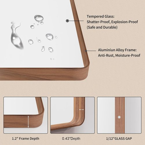 LOAAO Bathroom Mirror - 60X36 Inch Rounded Rectangle with Wood Grain Metal Frame | Anti-Rust, Versatile Hanging Options