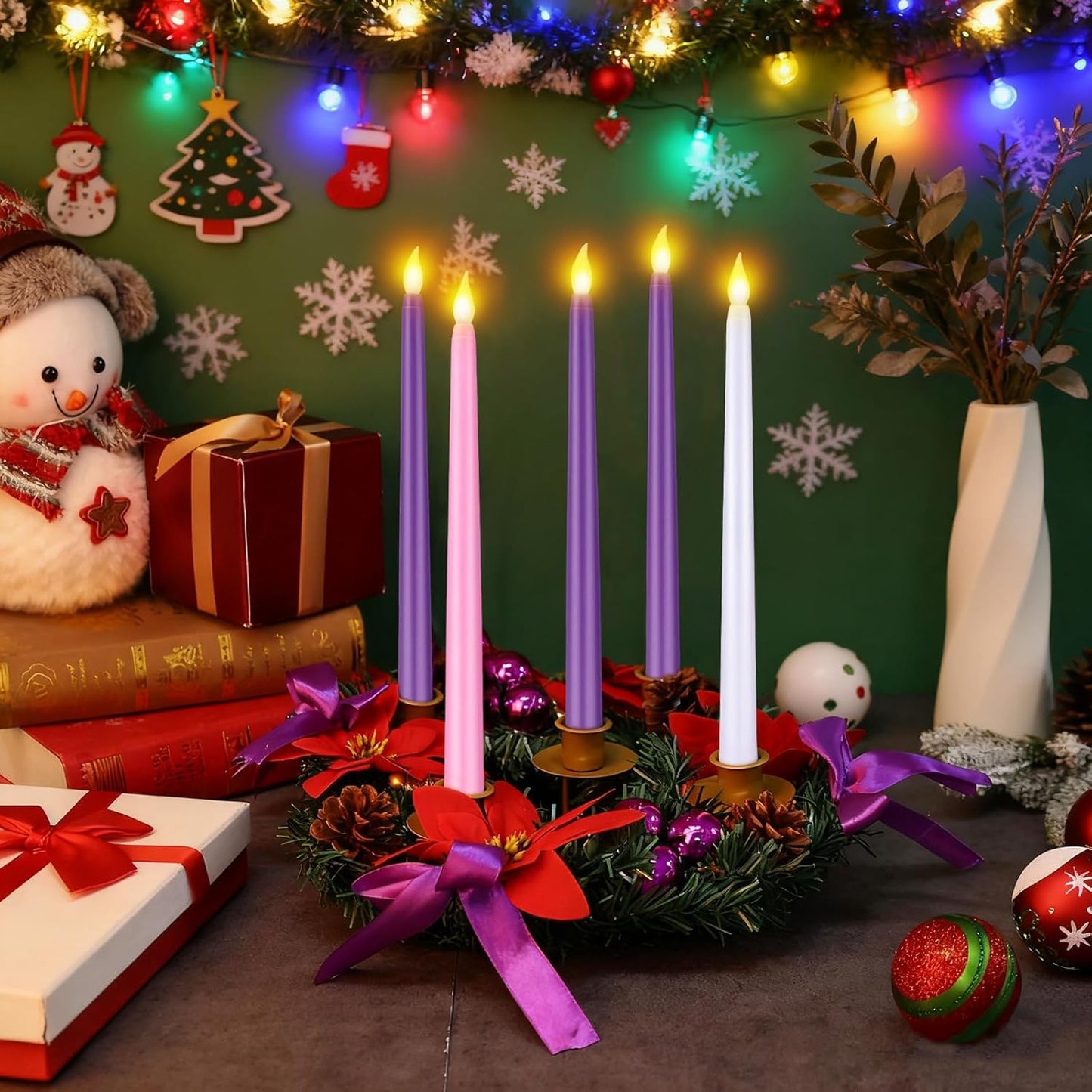 Skiennix 11-Inch Christmas Advent Wreath - 5 Flameless Taper Candles with Pine Cones & Poinsettias