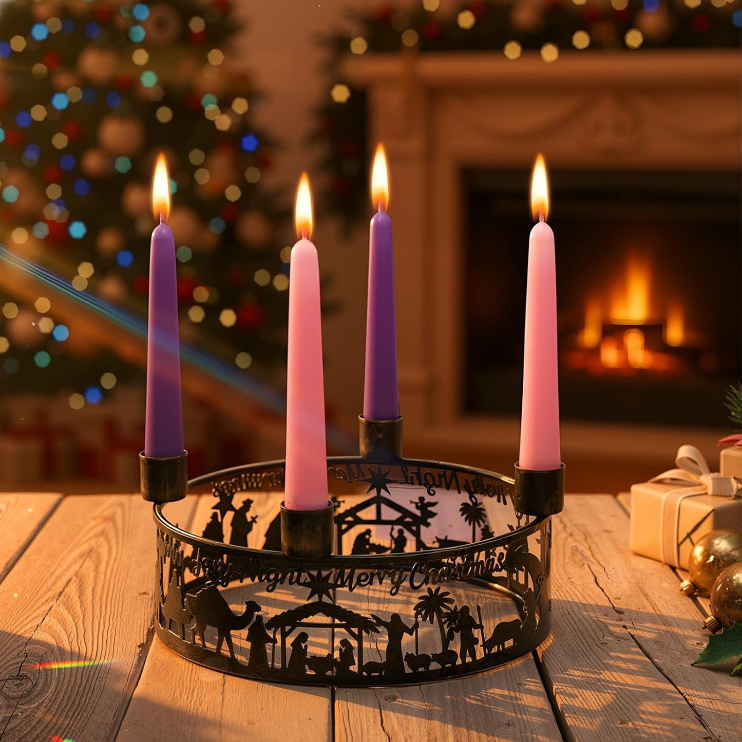 Blulu Advent Wreath Candle Holder - Rustic Nativity Scene Metal Jesus Set | Christmas Centerpiece Decor