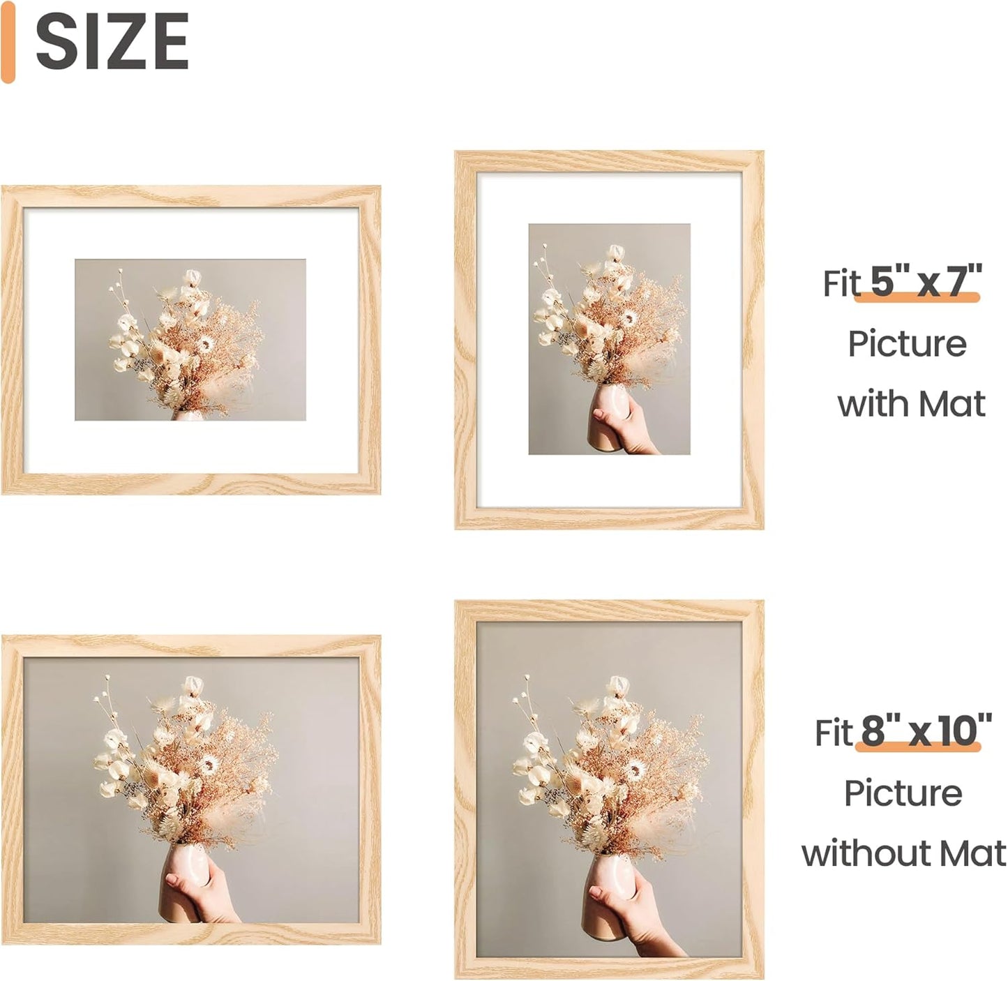 Upsimples 8x10 Picture Frame - Versatile Display for 5x7 with Mat or 8x10 Without Mat - Natural Finish