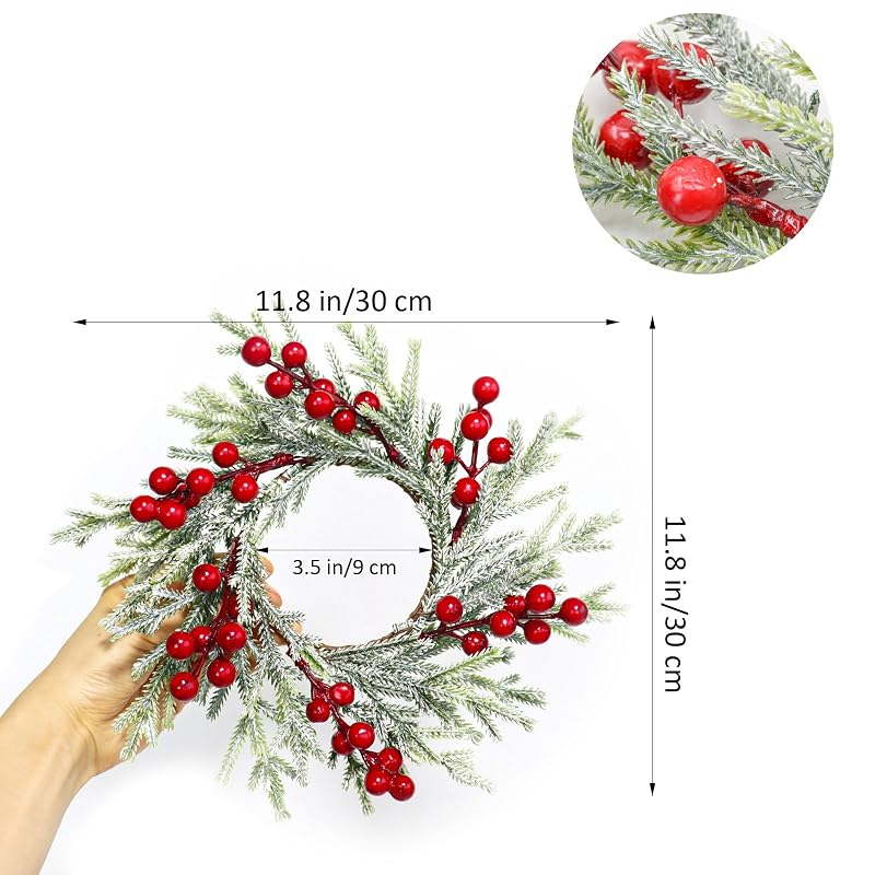 4Pcs Christmas Candle Ring Wreaths with Red Berries and Snowy Pine for Door, Window, Table