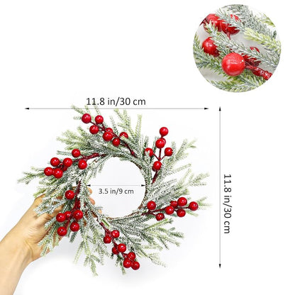 4Pcs Christmas Candle Ring Wreaths with Red Berries and Snowy Pine for Door, Window, Table