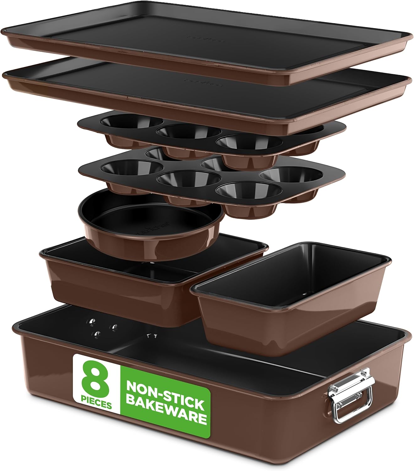 NutriChef 8-Piece Nonstick Bakeware Set - PFOA Free, Oven Safe to 450°F | Round, Loaf, Muffin & Cookie Pans (Brown)