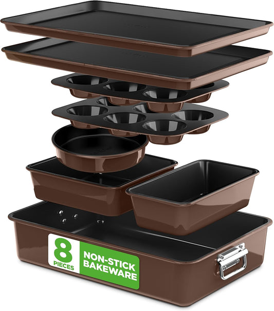 NutriChef 8-Piece Nonstick Bakeware Set - PFOA Free, Oven Safe to 450°F | Round, Loaf, Muffin & Cookie Pans (Brown)