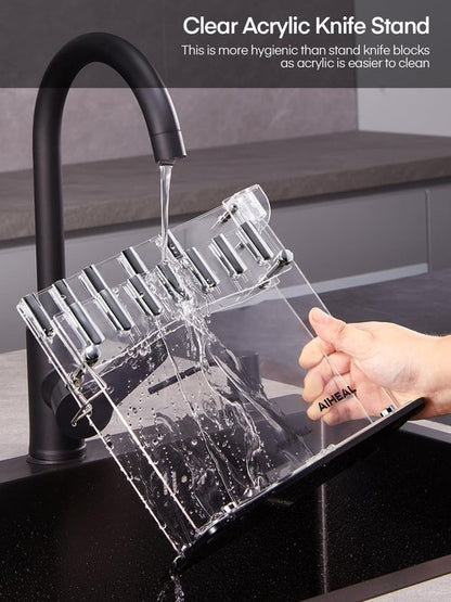 Knife Set, Aiheal 14PCS Kitchen Knife Set with Acrylic Knife Stand, No Rust and Super Sharp Knife Set Stainless Steel in One-Piece Design with Knife Sharpener for Kitchen, Include Steak Knives