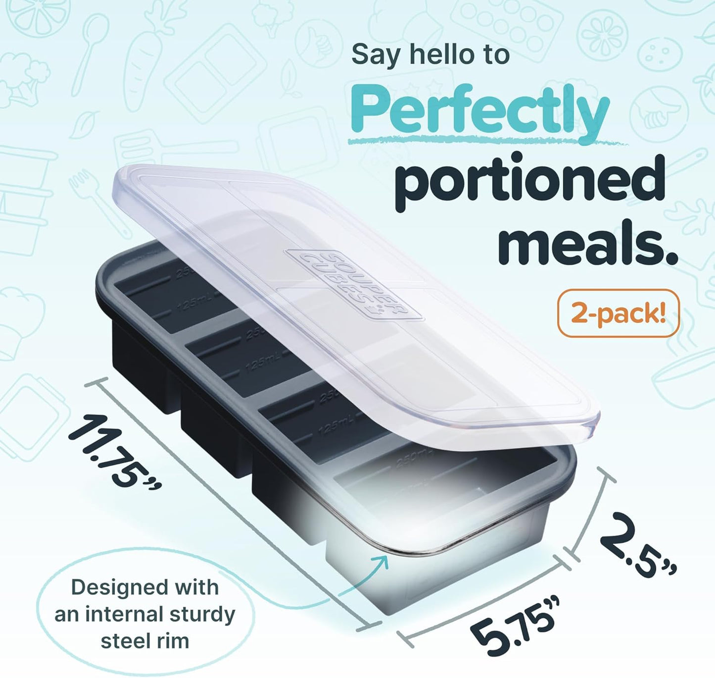 Souper Cubes 1 Cup Silicone Freezer Tray - Meal Prep Molds for Broth, Leftovers & Sauces | Charcoal - 2-Pack