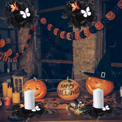 Regine Switzerland Gothic Rose Candle Ring Wreath - Black Floral with Butterfly & Artificial Leaves for Home Decor