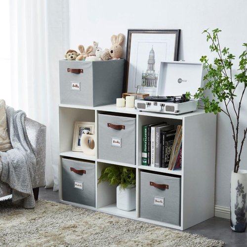 DECOMOMO Storage Baskets - 13x15x13 Cube Bins with Labels for Organized Shelves | Grey (Set of 4)